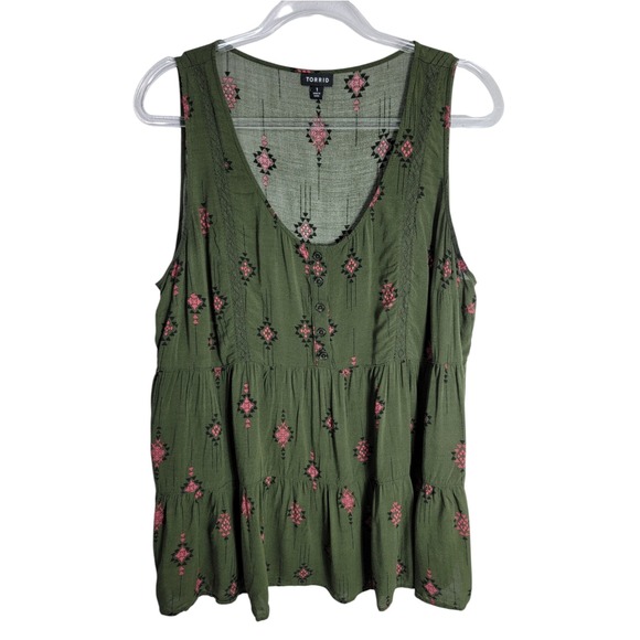 torrid Tops - Torrid Womens 1X Tank Top Olive Green Tiered Boho Tribal Rayon Sleeveless